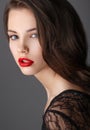 Portrait of beautiful brunette woman in black dress and red lips Royalty Free Stock Photo