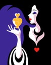 Portrait of a beautiful brunette woman with a bottle of perfume in the form of heart. Illustration in op art style