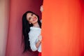 Portrait of a beautiful brunette woman with a haircut in red clothes Royalty Free Stock Photo