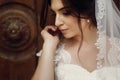 Portrait of beautiful brunette woman, newlywed bride in white lace wedding dress with veil and pearl earrings looking to the side Royalty Free Stock Photo