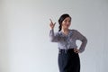 Portrait of a beautiful business woman Asian woman shows the direction of the hand