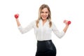 Portrait of beautiful business woman holding two dumbbells Royalty Free Stock Photo