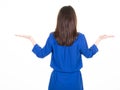 Portrait of beautiful calm young woman presenting showing both hand on side in behind rear view