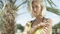 Portrait of beautiful caucasian girl posing on tropical beach. Royalty Free Stock Photo