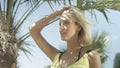 Portrait of beautiful caucasian girl posing on tropical beach. Royalty Free Stock Photo