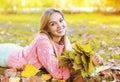 Portrait beautiful charming smiling girl in autumn