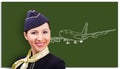 Portrait of a beautiful cheerful stewardess on the background of a board