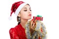 Portrait beautiful christmas woman is holding red gift in studio Royalty Free Stock Photo