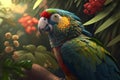 Portrait of beautiful colored tropical parrot sitting on branch outdoors on sunny day. Exotic bird in jungle looking at camera Royalty Free Stock Photo