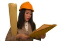 Portrait of beautiful and confident Asian Korean woman in hardhat holding building blueprints as architect engineer or constructor Royalty Free Stock Photo