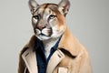 Portrait of a beautiful cougar in a coat on a gray background
