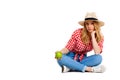 Portrait of beautiful country girl with apple over white background. Royalty Free Stock Photo