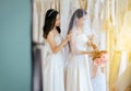 Portrait of beautiful couple LGBT Lesbian asian women bride happiness and funny together,Ceremony in wedding day,Happy and smiling Royalty Free Stock Photo