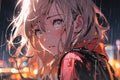 portrait of a beautiful crying young woman with blond hair in the rain in the city in anime style