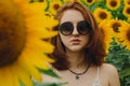 Portrait of a beautiful, cute, sexy red-haired girl in a white dress and glasses. Walks in the sunflowers. Emotion of pleasure, Royalty Free Stock Photo