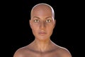 Portrait of a beautiful dark-skinned woman without hairs with serious face expression looking at camera, 3D illustration