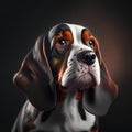 Portrait of a beautiful dog breed basset hound on a dark background. AI Generated