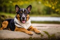 Portrait of a beautiful dog lying on the stone by the lake. Generative AI