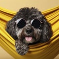 Portrait of beautiful dog with sunglasses on yellow fabric hammock isolated on color background. ai generative