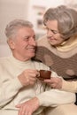 Elderly couple with cup of tea Royalty Free Stock Photo