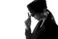 Portrait of a beautiful elegant girl in a beret and suit. Black and white photo Royalty Free Stock Photo