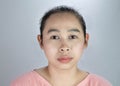 Portrait beautiful face of young woman with being serious in pink shirt on grey background