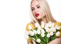 Portrait of beautiful fashion model with bouquet lily in hands, sweet and sensual. Beauty makeup, hair.