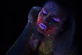 Portrait of Beautiful Fashion Woman in Neon UF Light. Model Girl with Fluorescent Creative Psychedelic MakeUp, Art