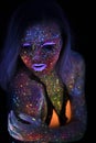 Portrait of Beautiful Fashion Woman in Neon UF Light. Model Girl with Fluorescent Creative Psychedelic MakeUp, Art Royalty Free Stock Photo