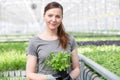 Portrait of beautiful female botanist holding seedling in plant nursery