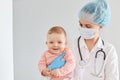 Portrait of beautiful female doctor pediatrician wearing medical cap, gloves and protective mask, standing with adorable charming