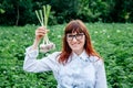 Portrait of a beautiful female farmer holding a organic young garlic, smiling at the camera and surrounded by plenty of plants in Royalty Free Stock Photo