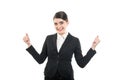 Portrait of beautiful female holding fists like winning Royalty Free Stock Photo