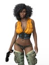 Portrait of a beautiful futuristic fantasy soldier woman holding a pistol. Isolated 3D rendering