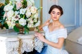 Portrait of a beautiful girl in a ball gown in the interior. Concept of tenderness and pure beauty in sweet princess look. Beautif Royalty Free Stock Photo