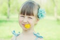 Portrait of Beautiful girl with dandelion.