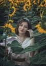 Portrait of a beautiful girl in a field of sunflowers. Warm summer shot of a girl in the field Royalty Free Stock Photo