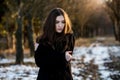 Portrait of a beautiful girl with flying hair in the wind. Young sad woman. Portrait of lonely woman Royalty Free Stock Photo