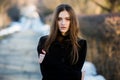 Portrait of a beautiful girl with flying hair in the wind. Young sad woman. Portrait of lonely woman Royalty Free Stock Photo