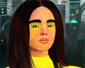 Portrait of a beautiful girl from the future against the background of the city of the future. urbanization of cities, neon lights