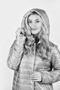 Portrait of beautiful girl in hood. stylish woman in casual style. Clothes shop fashion. express confidence and charm Royalty Free Stock Photo