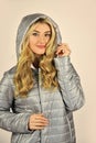Portrait of beautiful girl in hood. stylish woman in casual style. Clothes shop fashion. express confidence and charm Royalty Free Stock Photo