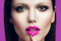 Portrait of beautiful girl with pink lips.