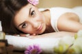 Portrait of a beautiful girl in a spa. Gentle look. Flowers in hair. Aroma oil. Massage cabinet. The concept of health and beauty.