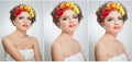 Portrait of beautiful girl in studio with yellow and red roses in her hair and naked shoulders. young woman Royalty Free Stock Photo