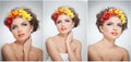 Portrait of beautiful girl in studio with yellow and red roses in her hair and naked shoulders. young woman Royalty Free Stock Photo