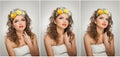 Portrait of beautiful girl in studio with yellow roses in her hair and naked shoulders. young woman with professional makeup Royalty Free Stock Photo