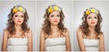 Portrait of beautiful girl in studio with yellow roses in her hair and naked shoulders. young woman with professional makeup Royalty Free Stock Photo