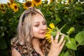 Portrait of the beautiful girl with a sunflowers. Royalty Free Stock Photo