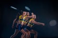 Portrait of beautiful girl tennis player with a racket on dark background Royalty Free Stock Photo